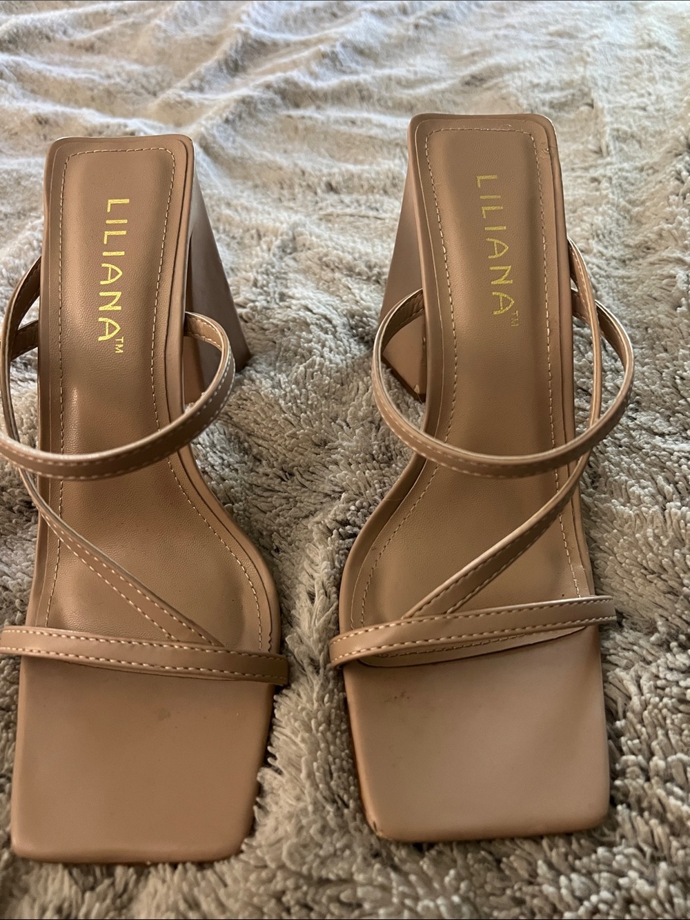 Liliana Nude/Tan Strappy Square-Toe Block Heel Sandals